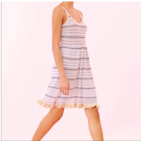 La Vie xRebecca Taylor White Lavender Stripes Gold Trim Hem Sweater Dress SzM - Picture 3 of 16